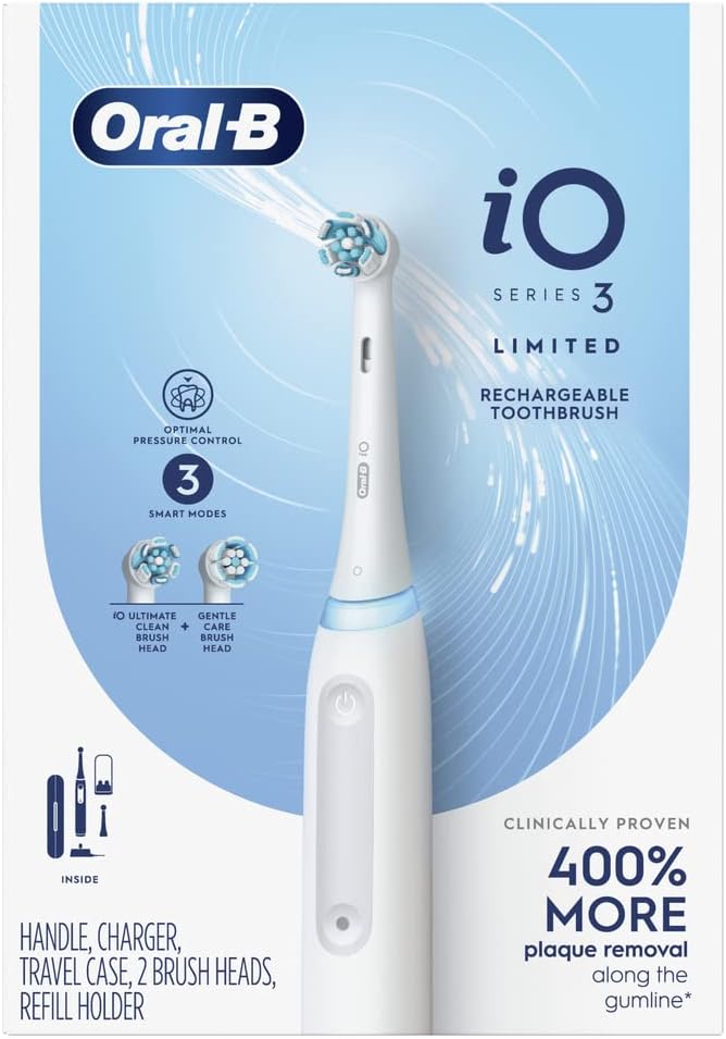 Oral-B iO Deep Clean Rechargeable Electric Toothbrush, White, iO Series 3 Limited, 2 Brush Heads, Travel Case, Pressure Sensor, 3 Cleaning Settings, 2-Minute Timer