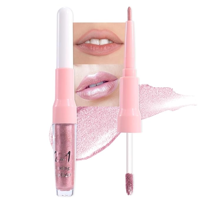 evpct Light Pink Metallic Glitter Lip Liner and Lipstick Combo Lip Gloss Stain Set Makeup for Women Long Lasting Waterproof 24, Light Voilet Frosted Metallic Shimmer Glossy Iridescent Liquid Lipstick