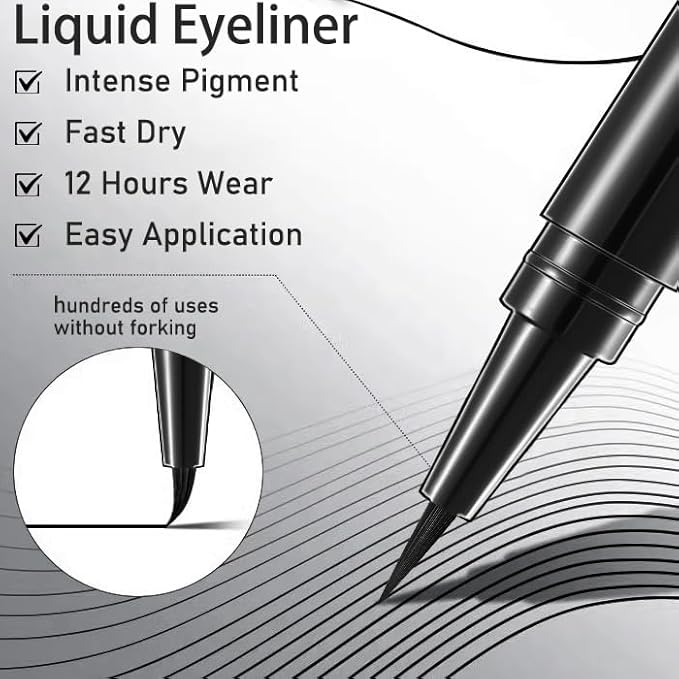 12 Pcs Black Eyeliner Pen, Long-Lasting & Waterproof Eyeliner, Quick-Drying Eye Liner Liquid Liner, Smudge-Resistant Black Eye Liner for All Skin Tones & Types, Highly Pigmented Eye Makeup