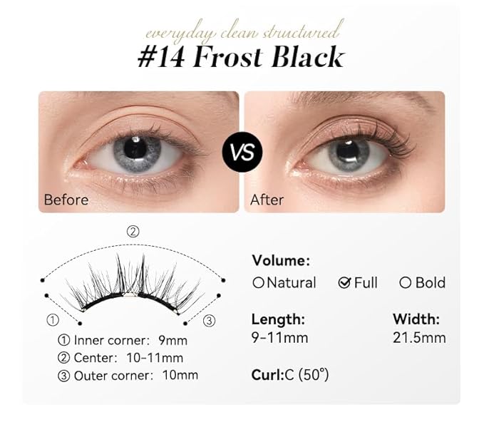 WOSADO Magnetic Eyelashes with Applicator, No.14 Frost Black 21.5mm Eye Lashes Kit, Reusable Magnetic Lashes without Eyeliner, Glue-free False Lashes, Waterproof, Lightweight, Suit for Natural Makeup