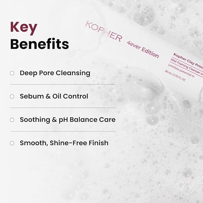 Kopher Clay Prime Pack to Foam [4ever Edition] Facial Cleanser: Hydrating & Purifying Cleanser for Sensitive Skin - Makeup Remover, pH Balanced, Korean Skincare (2.7 fl.oz.)