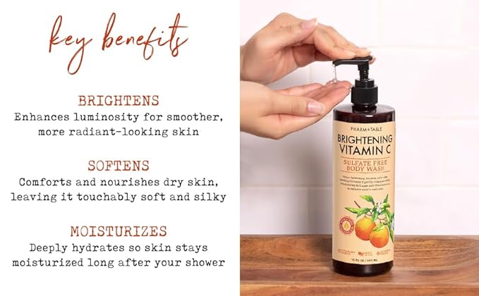 PHARM TO TABLE Brightening Vitamin C Body Wash for Women and Men - Brightens and Nourishes the Skin, Sulfate Free, 100% Cruelty Free, 480ml