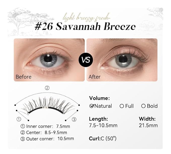 WOSADO Magnetic Eyelashes with Applicator Kit, [V26 Savannah Breez] Reusable Magnetic Lashes without Eyeliner, Glue-free False Lashes, Waterproof, Lightweight, Suit for Natural Makeup