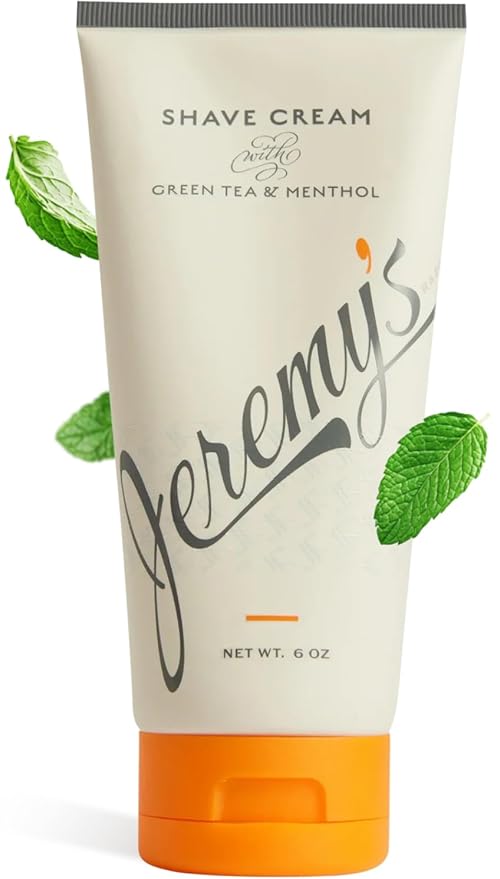 Jeremy’s Razors Shaving Cream for Men - All Natural Shave Cream With Green Tea & Menthol - Rich Lather For Face, Body, Head, Travel, Sensitive Skin & Razor Burn - Men's Grooming (Made in USA, 6 Fl Oz)