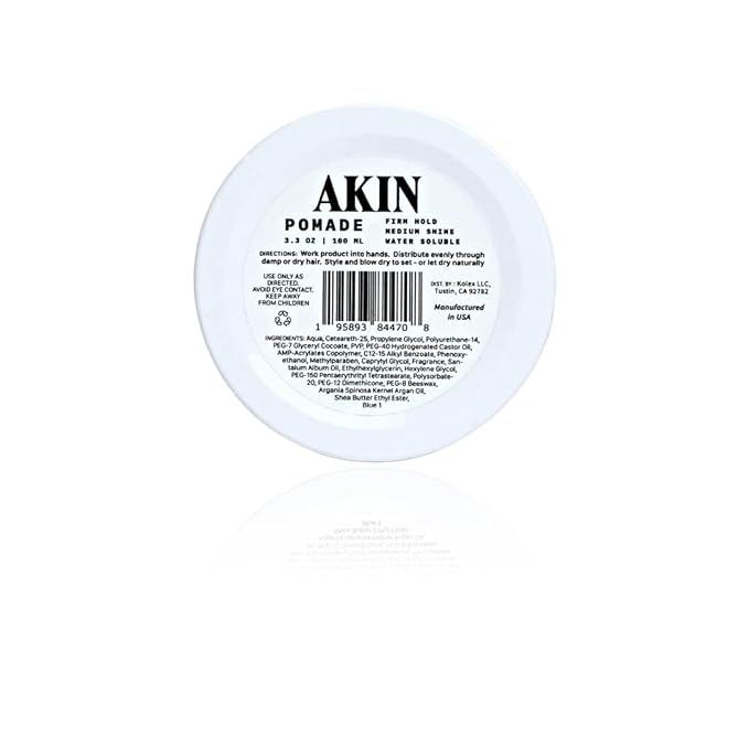 AKIN Official Pomade for Men and Women | Medium Shine Firm Hold | Water Based Flake Free | Easy to Wash Out | 3.3oz Travel Friendly