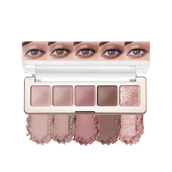 5 Colors Neutral Nude Matte & Shimmer Eyeshadow Palette,Rose Cocoa Brown Pink Neutral-Cool Mattes Glitter Eye shadow Contour Makeup Palette for Mature Women, Blue Green Eyes, Daily Natural Makeup.