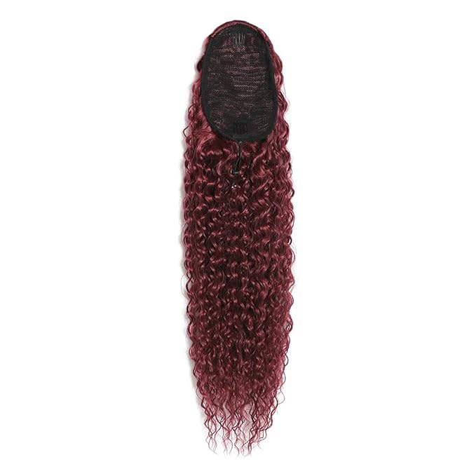 Deep Wave Ponytail Extension for Women 12 Inch Wine Red Curly Wavy Ponytail Hair Extensions Drawstring with Clips Short Synthetic Hairpiece for Daily and Party