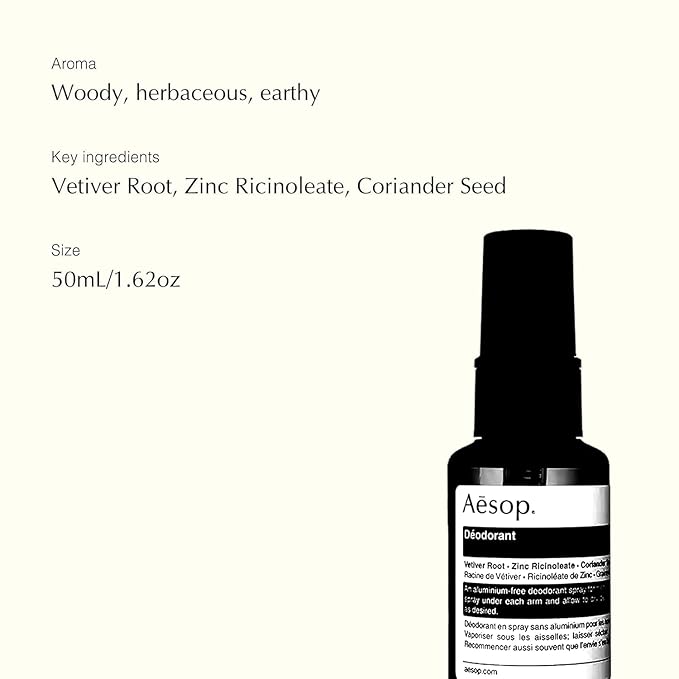 Aesop Deodorant Spray | Alcohol & Aluminum Free | Reduce and Mask Unpleasant Odors | Woody, Herbaceous, Earthy | 1.7 oz