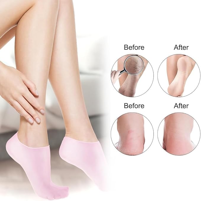 2 Pairs Silicone Moisturizing Glove Socks Set for Dry Cracked Feet and Hands, Anti Slip Spa Socks Women Gel Pedicure Socks for Foot Hand Softening Foot Care After Pedicure (White)