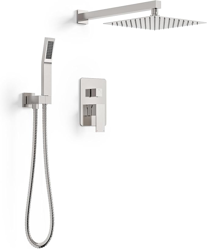 Longriver Shower Faucet Set - High Pressure 12 Inch Rainfall Shower Head with Handheld Spray, Wall Mounted Fixtures, Brushed Nickel