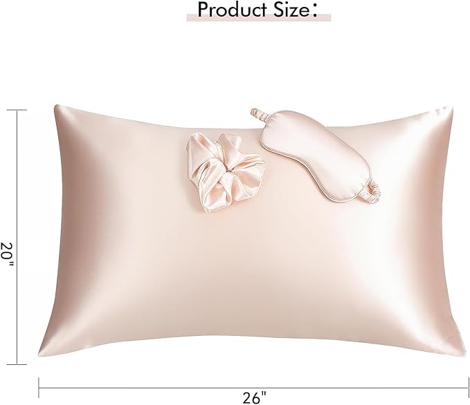 KISMETICS - Vegan Silk Sleep Set, Vegan Silk Pillowcase with Large Scrunchie and Eye Mask for Hair and Skin, Self Care Essential Satin Night Routine Kit (Light Pink Color)