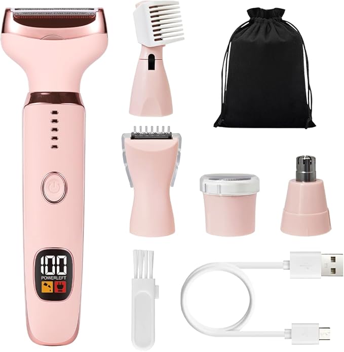 Electric Razors for Women, 5 in 1 Painless Ladies Wet & Dry Body Razors and Facial Hair Remover, Rechargeable Facial and Body Hair Remover for Face Nose Eyebrow Arms Armpit Legs Pubic Area (Pink)