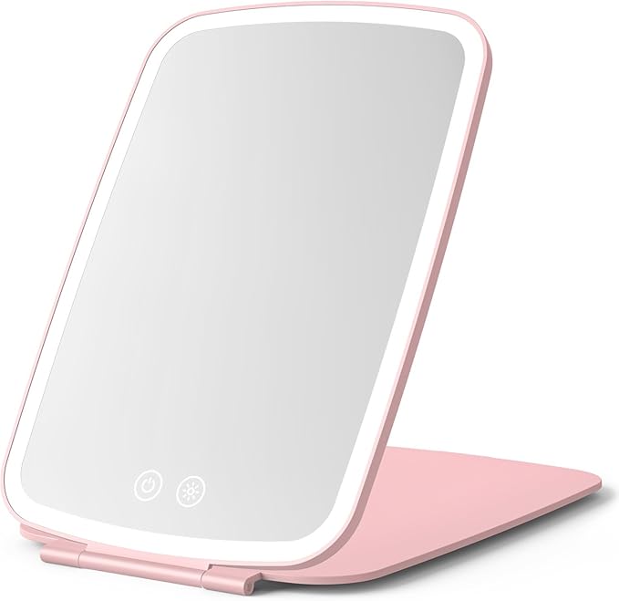 Rechargeable Folding Makeup Mirror with LED Lights, 10" x 7" Large View, 3 Lighting Modes, 2000mAh Battery & Magnetic Closure for Home & Travel (Pink)