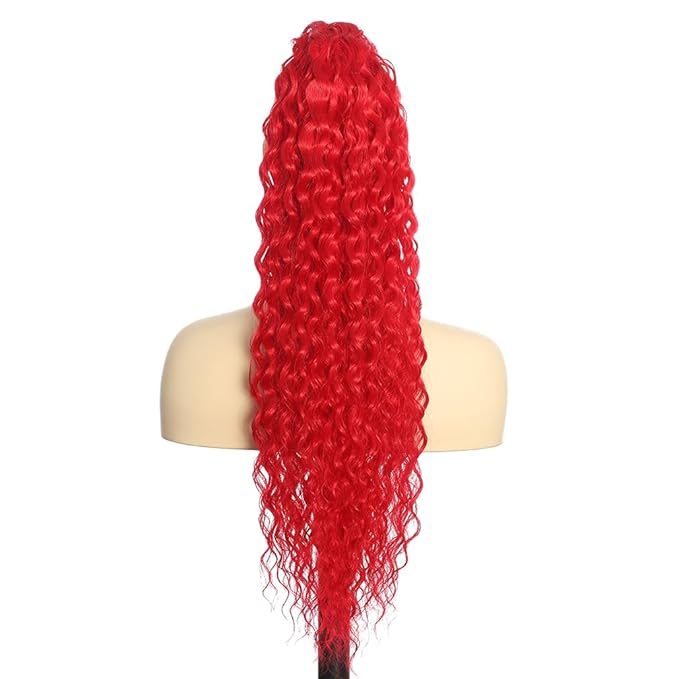 Deep Wave Ponytail Extension for Women 12 Inch Red Curly Wavy Ponytail Hair Extensions Drawstring with Clips Short Synthetic Hairpiece for Daily and Party