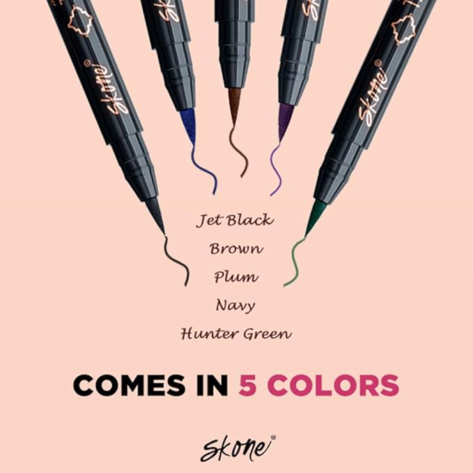 Skone Cosmetics Insanely Intense Tattooed Eyeliner Pen - 5-piece Set - Waterproof Liquid Eyeliner, Long-Lasting, Sweat Proof, Smudge Proof Liquid Eyeliner - Jet Black (with FREE Travel Size mini)