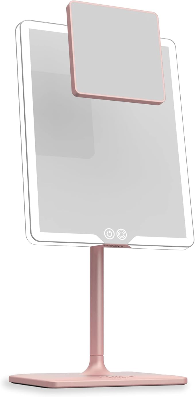 LUNA London Orbit LED Vanity Mirror with Lights, Dimmable & USB-C Rechargeable Tabletop Mirror, 7X 1X Magnification - Blush Rose Pink