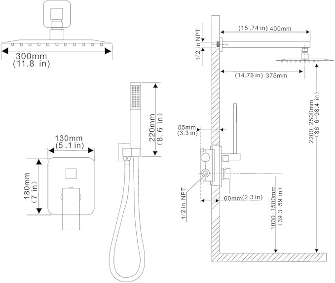 YCAIKOI Shower Faucet Set Complete, Wall Mount Shower System for Bathroom 12 Inch High-Pressure Rainfall Shower with Handheld, Rough-in Valve Body and Trim Kit, Brushed Gold