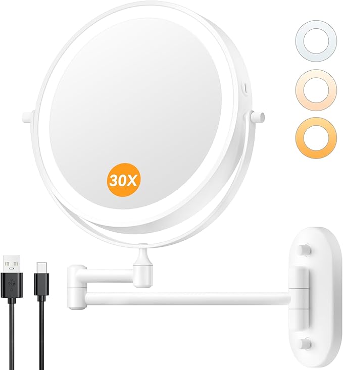 Auxmir 1X/30X Wall Mounted Makeup Mirror with Light, 8" Rechargeable Double-Sided Magnifying Mirror, Vanity Mirror Dimmable 3 Color Light, 360° Extension Rotation Foldable 14.5 Inch Arm, White