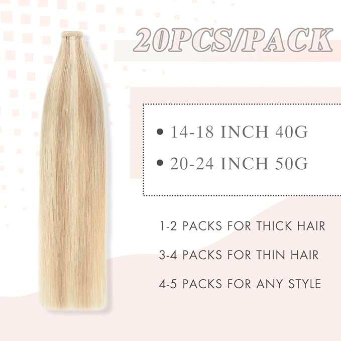 Tape in Hair Extensions Straight Double Sided Remy Invisible Hair Extensions Human Hair Tape in Extensions Ash Blonde Highlighted Bleach Blonde 24 Inch 20pcs (P18K/60#,24 Inch)
