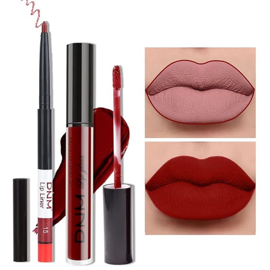 evpct 2Pcs Dark Red Maroon Matte Lipstick and Lip Liner Makeup Set for Women Dark Blood Red Liquid Matte Brown Lipstick Lip Liner Stain Long Lasting Waterproof Permanent Lipsticks 24 hours 15#