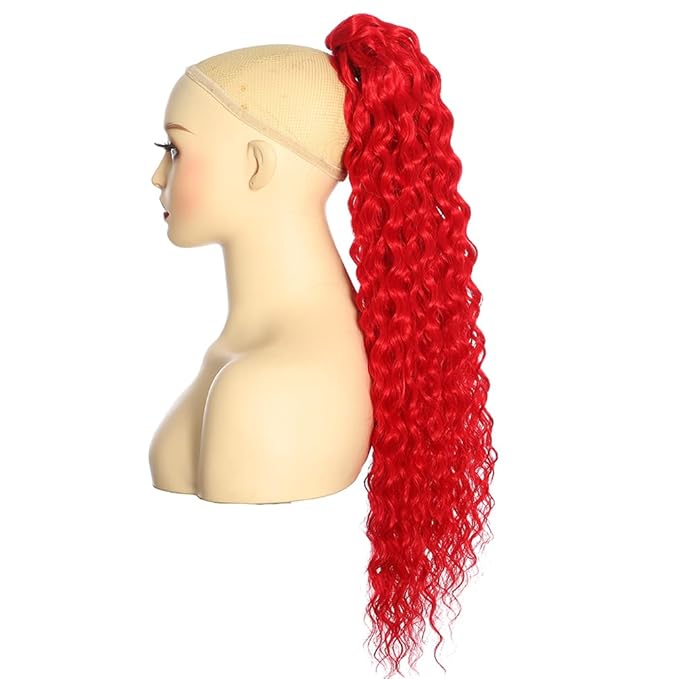 Deep Wave Ponytail Extension for Women 12 Inch Red Curly Wavy Ponytail Hair Extensions Drawstring with Clips Short Synthetic Hairpiece for Daily and Party
