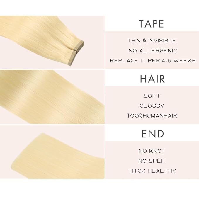 Tape in Hair Extensions Blonde Tape ins 16 Inch Hair Extensions Tape in Human Hair Extensions 20pcs Natural Hair Invisible Glue Platinum Blonde(60#,16 Inch)