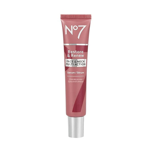 No7 Restore & Renew Multi-Action Face & Neck Serum - Anti Aging Serum for Deep Wrinkle Repair - Collagen Infused Skincare with a Hydrating Blend of Hibiscus Peptides & Hyaluronic Acid (1 Fl Oz)