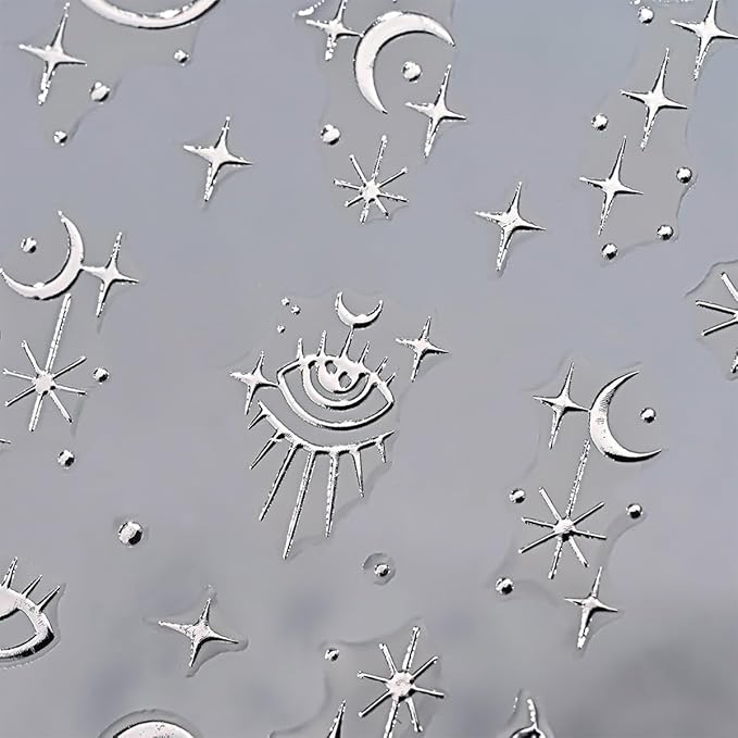 12 Sheets Silver Nail Art Stickers Star Nail Stickers Sun Moon Nail Decals Self Adhesive Evil Eye Nail Art Supplies for Women Girls DIY Manicure Nail Art Decorations