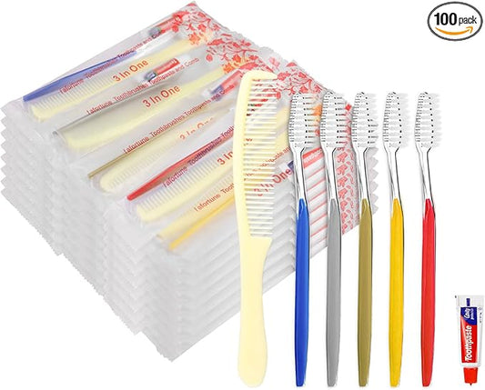 Disposable Toothbrushes with Toothpaste and Comb for Homeless Individually Wrapped-Suitable for Hotel,Air Bnb,Shelter/Homeless/Nursing Home/Charity (100PCS)