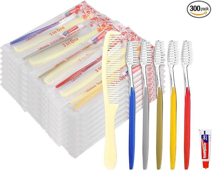 Disposable Toothbrushes with Toothpaste and Comb for Homeless Individually Wrapped-Suitable for Hotel,Air Bnb,Shelter/Homeless/Nursing Home/Charity (300)