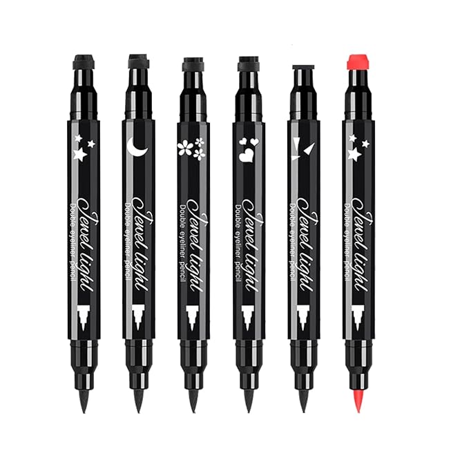 Pinkiou 6Pcs Eyeliner Stamp Pen Set, Long-lasting Eye Liner Pencil for Eye Makeup,Waterproof Double-Sided Liquid Eyeliner Stamp Pen Set for Beginners,Black&Red Heart, Star, Plum,Triangle and Moon