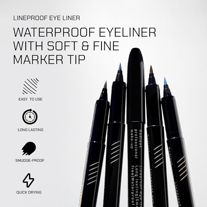 Radiant Professional Lineproof Eye Line - Pen Eyeliner with Flexible Tip Pen for a Long Lasting and Precise Outline - Smudge-Proof, Waterproof Liquid Black Eyeliner For Intense (01 Black)