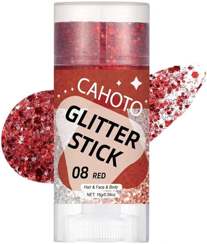 Red Face Body Hair Glitter Stick for Christmas, Shimmer Stick Gel for Women, Sparkling Holographic Chunky Sequins for Carnival Party Festival Halloween Singer Concert Outfit, 0.56oz