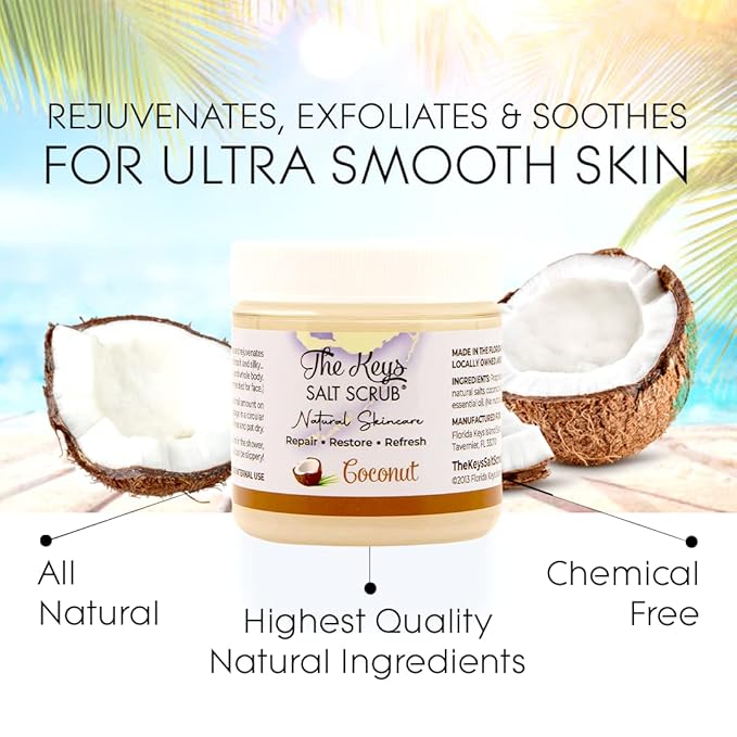 The Keys Salt Scrub -Sea Salt Scrub - Exfoliating Body Scrub with Wooden Spoon - Moisturizing Exfoliator for Hands, Foot, Bath, (3.4 Ounce (Pack of 3), Coconut)