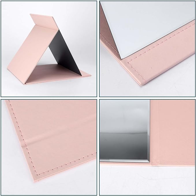 ZBEIVAN 12x9 Inches Portable Folding Makeup Mirror, Frameless PU Leather Desk Mirror with Stand for Camping Travel Tabletop Personal, Pink