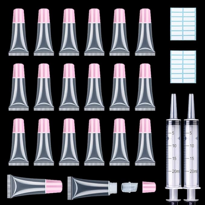 AMORIX 50PCS Lip Gloss Tubes 5ml Pink Cap Lip Gloss Containers Empty Lip Balm Tubes Squeeze Lipgloss Tubes + 2 x 20ml Syringes Tag Labels for DIY Lip Gloss Base Glitter