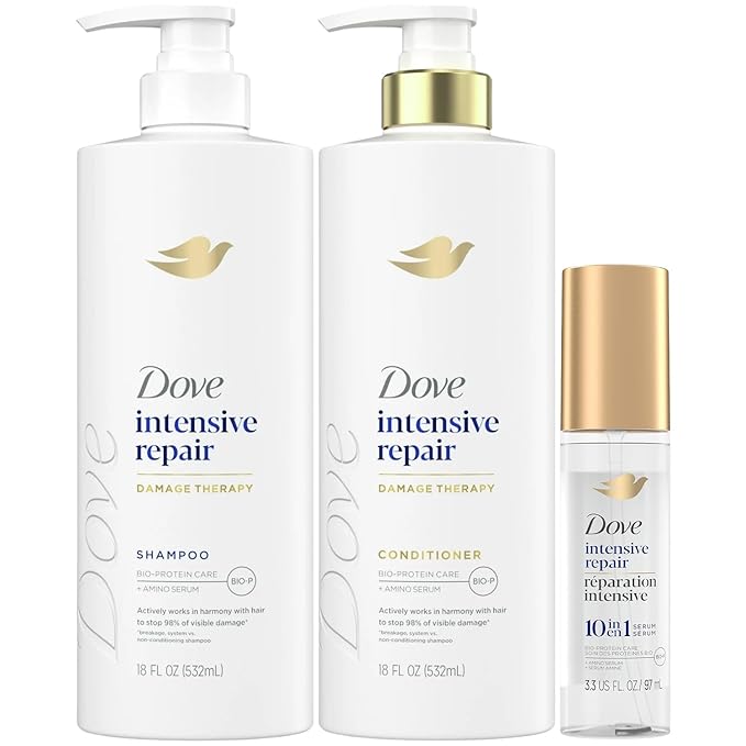 Dove Shampoo, Conditioner & Serum Set, Intensive Repair – Damage Therapy Bio-Protein Care Formulas for Restoring Dry, Damaged Hair (3 Piece Set)