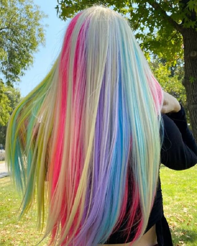 25 PCS Colored Hair Extensions, Colorful Party Highlights Multicolors Clip in Hair Extensions, Rainbow Synthetic Hairpieces for Girls Women Kids Cosplay Party Gift(22 In)