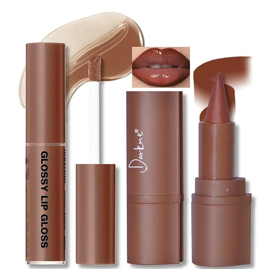 Lip Liner Gloss Set, Medium Brown Plumping Lip Liner Lip Pencil Moisturizing Lightweight Lip Gloss Lip Combo, High Shine Glossy Lip Tint Lip Stain Makeup Long Lasting Lip Contour for Women