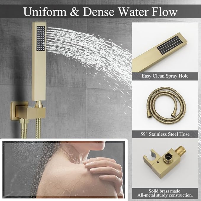 YCAIKOI Shower Faucet Set 16 Inch Wall Mount Rain Shower System, All Metal Shower Fixtures - Brushed Gold