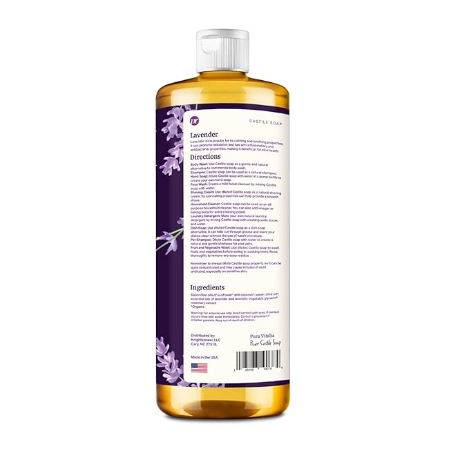 Pura Vitalia Lavender Organic Castile Soap | Body Wash & Cleanser for Face & Hands | Biodegradable, Eco-Friendly, Palm Oil Free, Vegan & Gentle | Made with 6 Natural Ingredients - 32 oz