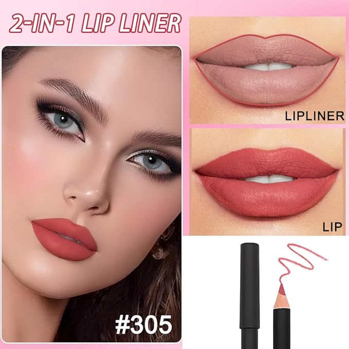 2 Pcs Natural Nude Brown Beige Colors Lip Liner Lipstick Pencils Set for Daily Makeup,Easy to Apply & Remove,Waterproof