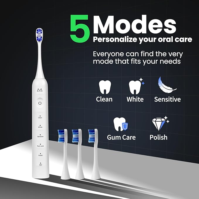Electric Toothbrush, Marlincare Electric Toothbrush for Adults 180 Days Battery Life Rechargeable with 5 Modes, 48000VPM Motor Smart Timer IPX8, Sonic Toothbrush with 4 Brush Heads &Travel Case, White