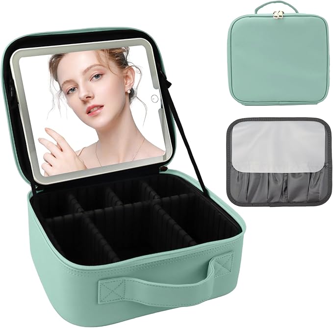 SUILU Travel Makeup Bag with LED Mirror and Light Makeup Travel Bag Organizer Portable Cosmetic Brush Organizer Bag with Adjustable Dividers for Cosmetics Makeup Brushes Toiletry (Light Green)