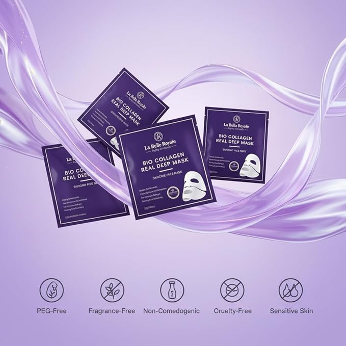 La Belle Royale - Bio Collagen Face Mask – Real Deep Hydrating & Anti-Aging Overnight Korean Sheet Mask with Hyaluronic Acid for Glowing, Pore Minimizing Skin - 4 Pack for Women & All Skin Types