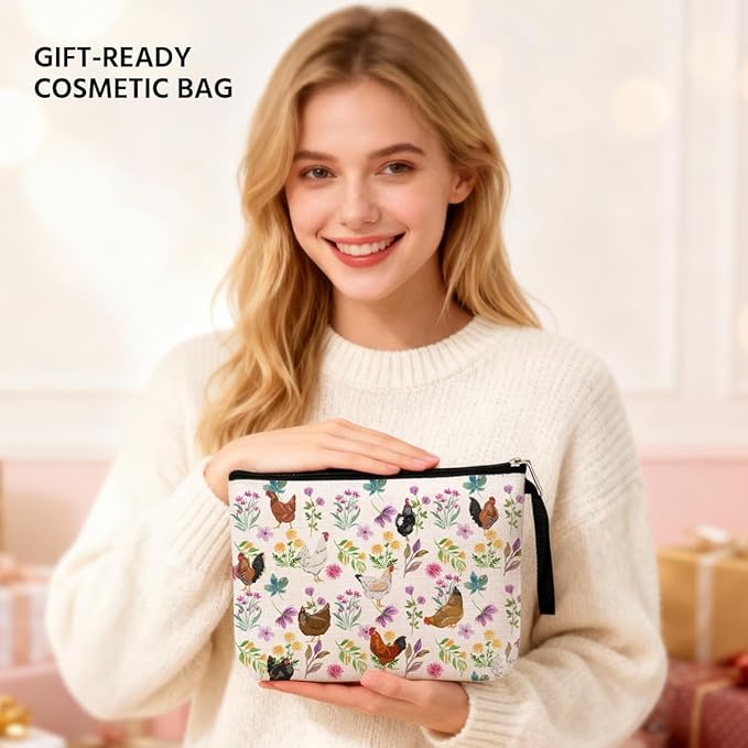 Floral Chicken Makeup Bag, Chickens Stuff Cosmetic Bags for Women Friend Daughter Chicken Lady Mom Gifts Travel Bag for Birthday Graduation
