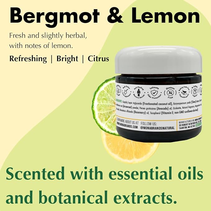 MONA All Natural Whole Body Deodorant Cream for Women & Men | For Private Parts | Aluminum & Baking Soda Free with Natural Fragrance | Bergamot & Lemon 2.0 oz (Pack of 1)