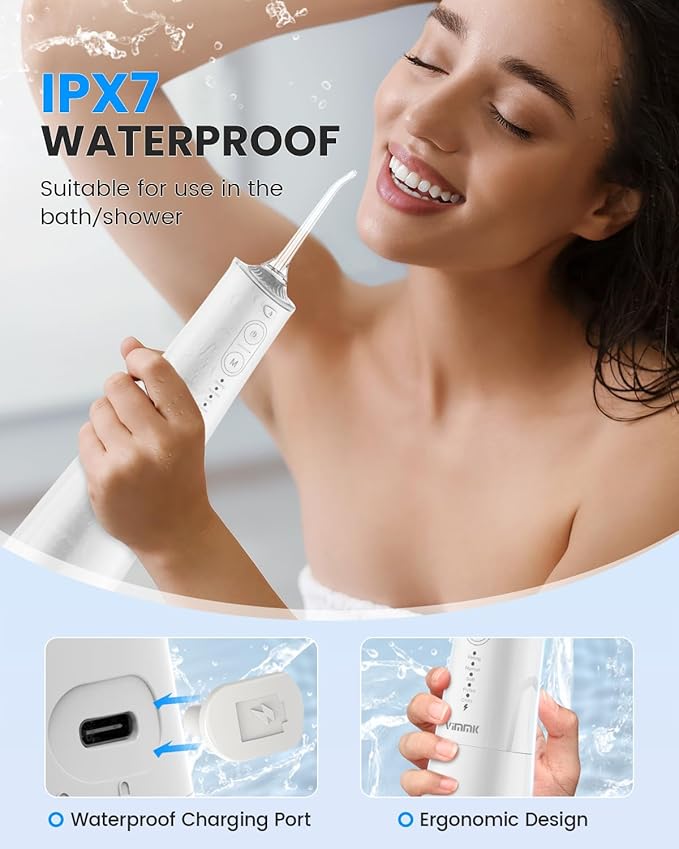 VIMMK Water Flosser, Cordless Water Dental Flosser, 9 Jet Tips 5 Modes 300ML IPX7 Waterproof, Portable Rechargeable Oral Irrigator for Home Travel - Gums, Orthodontic, Braces Care - Black (White)