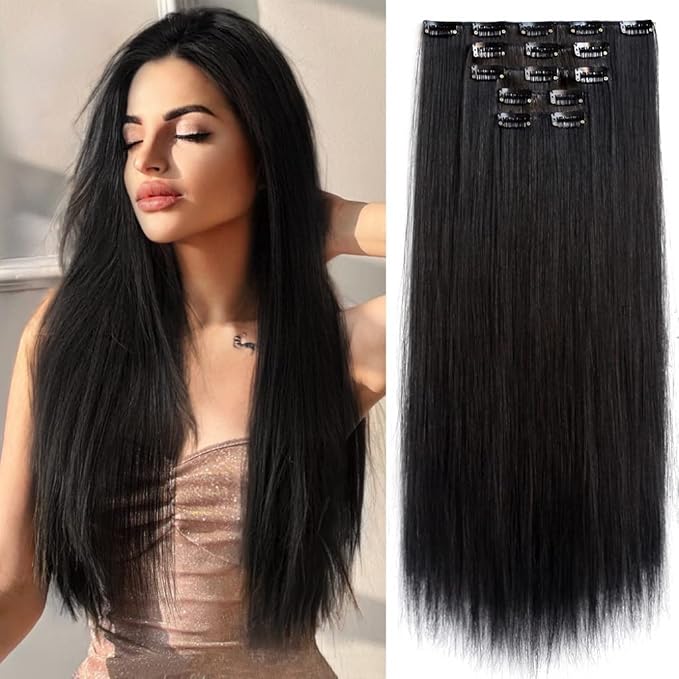 Natural Black Clip in Extensions Straight 22" Long Synthetic Thick Clips on Hair Piece for Women 5PCS Black Curly Wavy 18" Cheap Brown Red White Soft Full Head Weddings Party Daily Use 5 Oz