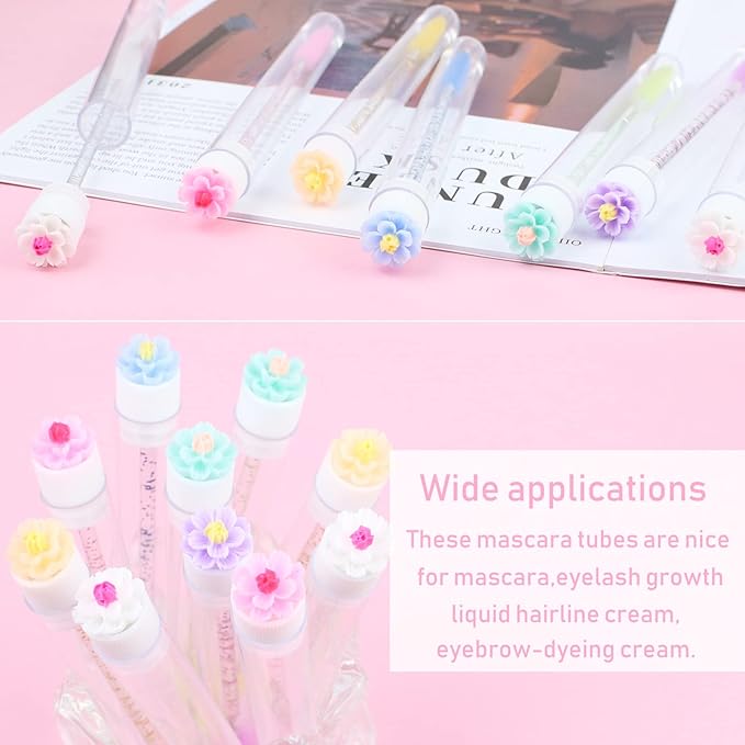 SenRocc 20 pcs Mascara Wands Tube Set Reusable Lash Spoolies Flower Tube Eyelash Brush Tubes Spoolies Lash Extension Brushes Applicators Makeup Tools (cherry blossom-MlX)